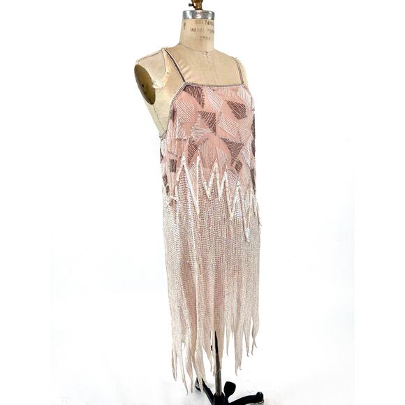 Vintage Dresses & Skirts - Vtg 80s Sequin Beaded Flapper 20s Art Deco Fringe Glam Gatsby Gown Dress Sz M